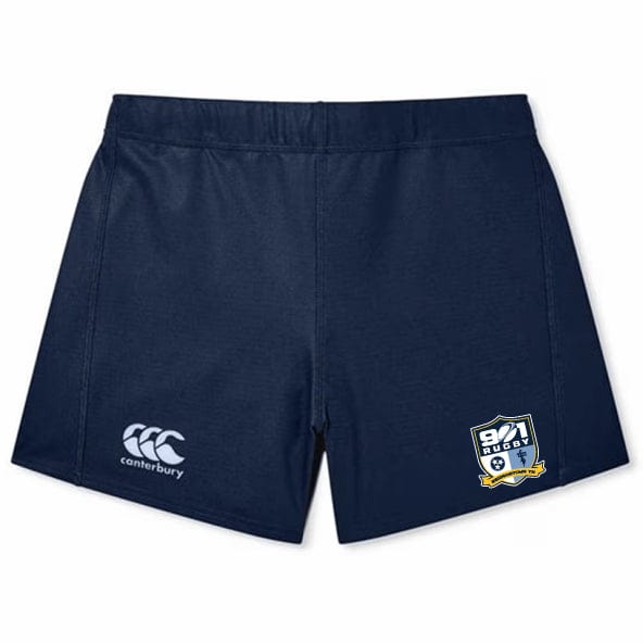 The 901 Rugby Women's Yokohama Short by EMB Canterbury is made of lightweight fabric in navy blue, showcasing the classic Canterbury logo on the left leg and a "99 Rugby" badge on the right leg.