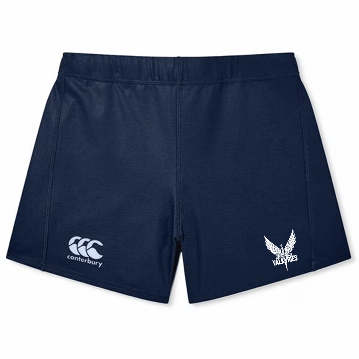 Brunswick Valkyries Women's Yokohama Shorts by EMB Canterbury in navy blue, made from Vapodri fabric and adorned with the CCC logo on the left and a Valkyries logo on the right.