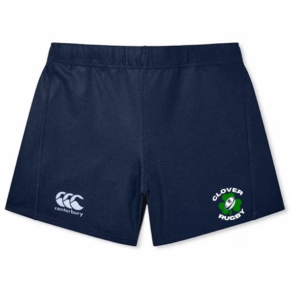 The Clover Blue Eagles Rugby Women's Yokohama Short by EMB Canterbury in navy blue showcases the Canterbury logo on the left and the "Clover Rugby" logo on the right, crafted from performance-enhancing Vapodri fabric.