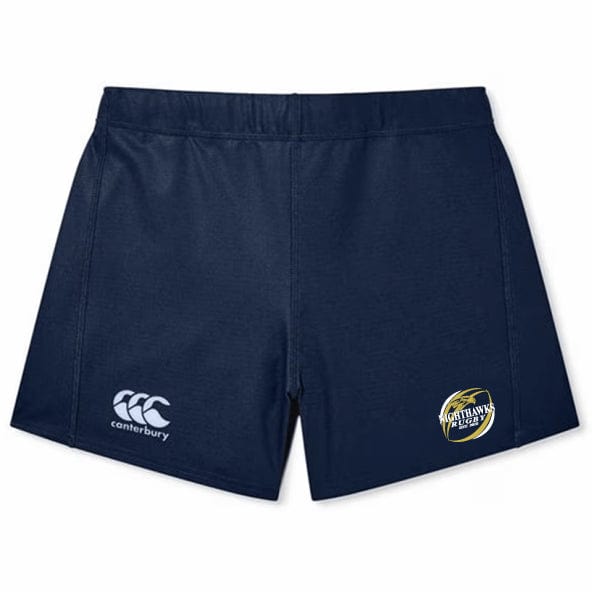 The Del Norte Nighthawks Women's Yokohama Shorts by EMB Canterbury have a Canterbury logo on the left leg and a Nighthawk volleyball logo on the right. Crafted with Vapodri fabric, these rugby shorts provide enhanced comfort and performance.