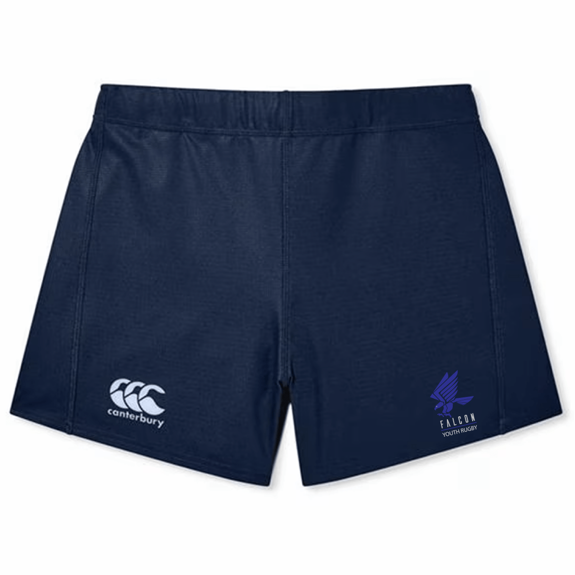 The Falcon Youth Rugby Women's Yokohama Shorts by EMB Canterbury come in a navy blue color and feature the Canterbury logo on the left side, along with a falcon logo accompanied by the text "Falcon Youth Rugby" on the right. Crafted from Vapodri fabric, these shorts are ideal for Women's Rugby, providing exceptional comfort and breathability during play.