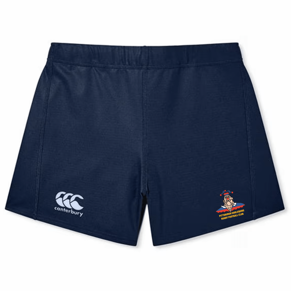 These navy blue rugby shorts for women, known as the Pittsburgh Harlequins Rugby Women's Yokohama Short by EMB Canterbury, proudly display the Canterbury logo on the left and a cartoon Viking logo on the right. Crafted with Vapodri fabric, they ensure both style and comfort.