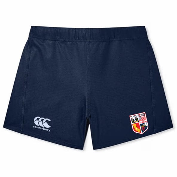 The Fresno RFC Women's Yokohama Short by EMB Canterbury is a pair of dark blue rugby shorts that showcase the Canterbury logo along with a rugby club crest on the right leg, designed with durable Vapodri fabric to ensure optimal performance.