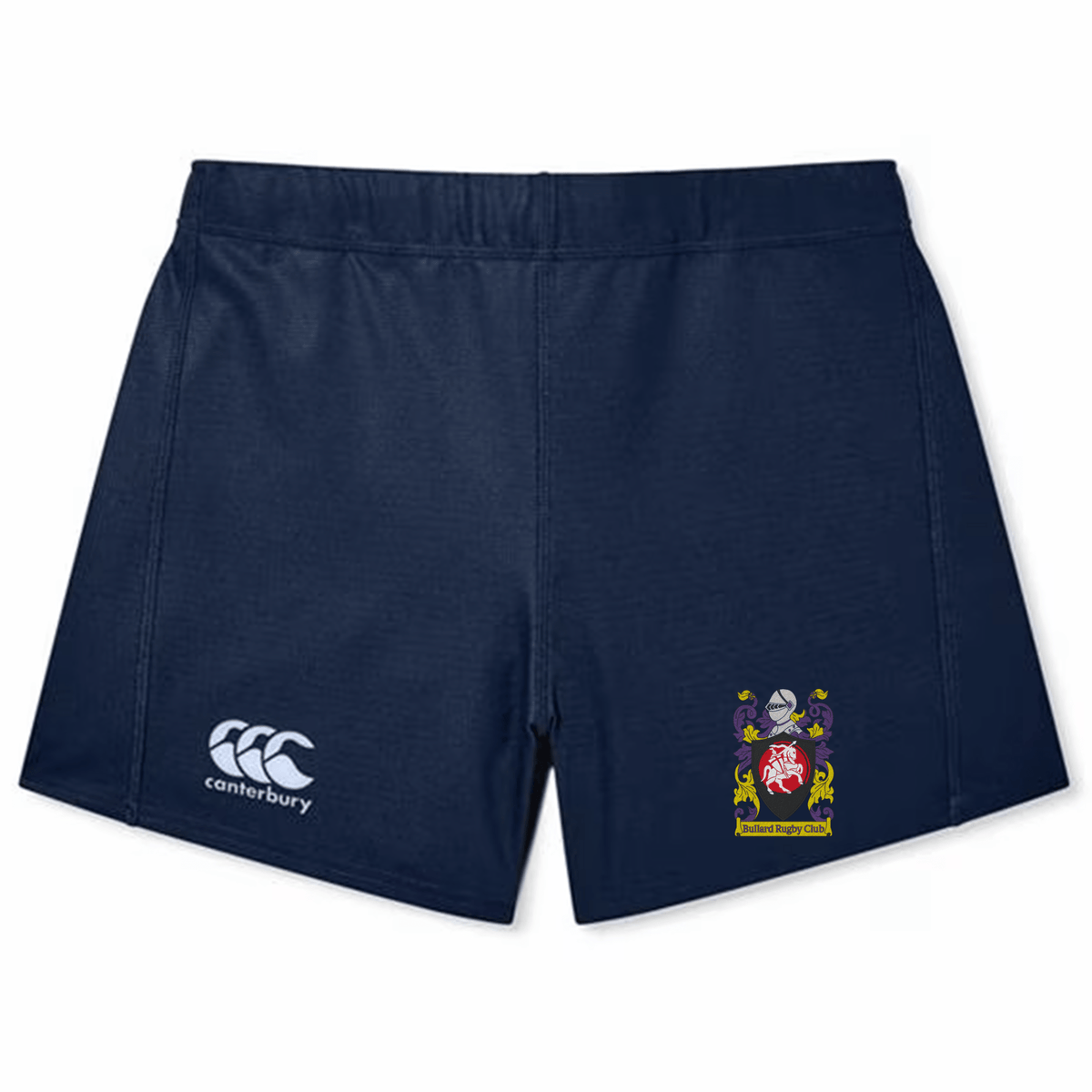 The CenCal Youth Bullard Women's Yokohama Shorts by EMB Canterbury come in navy blue and showcase the Canterbury logo on the left side with a heraldic crest on the right, crafted using Vapodri Fabric for superior comfort.