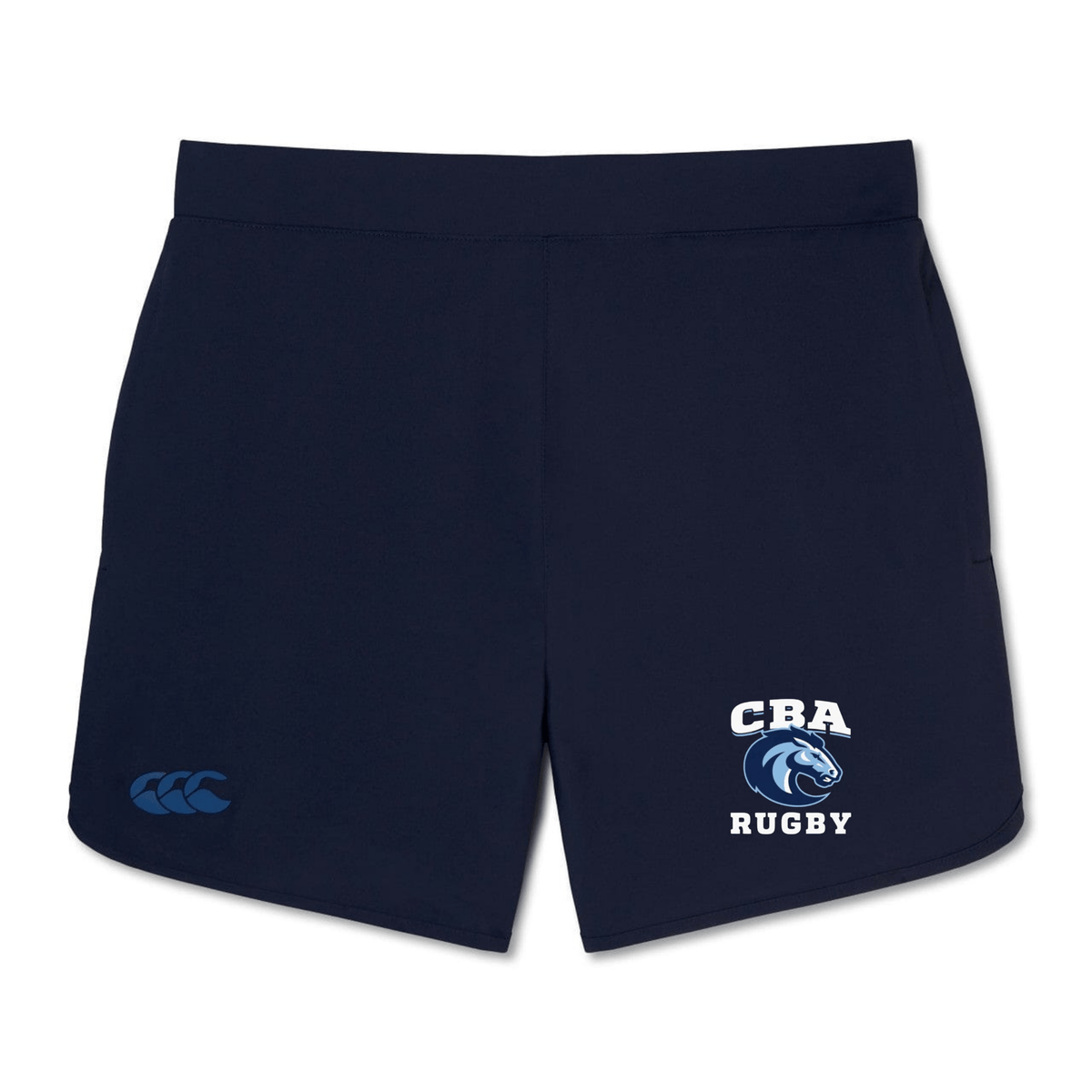 Christian Brothers Academy Rugby Women's Elite Woven Shorts by EMB Canterbury, in navy blue, feature "CRA RUGBY" and a lion logo on the right leg, with zipped pockets for convenience. Perfect for training, these stylish shorts also have a small logo on the left leg.