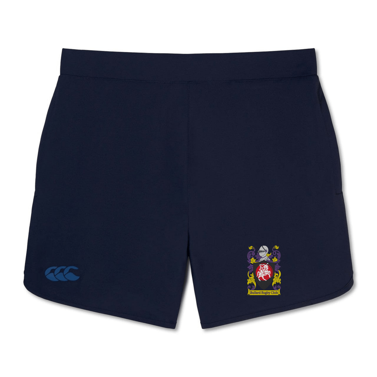 Introducing the CenCal Youth Bullard Women's Elite Woven Short by EMB Canterbury in navy blue, featuring a Canterbury logo and coat of arms on the right leg. These shorts are perfect for training sessions.