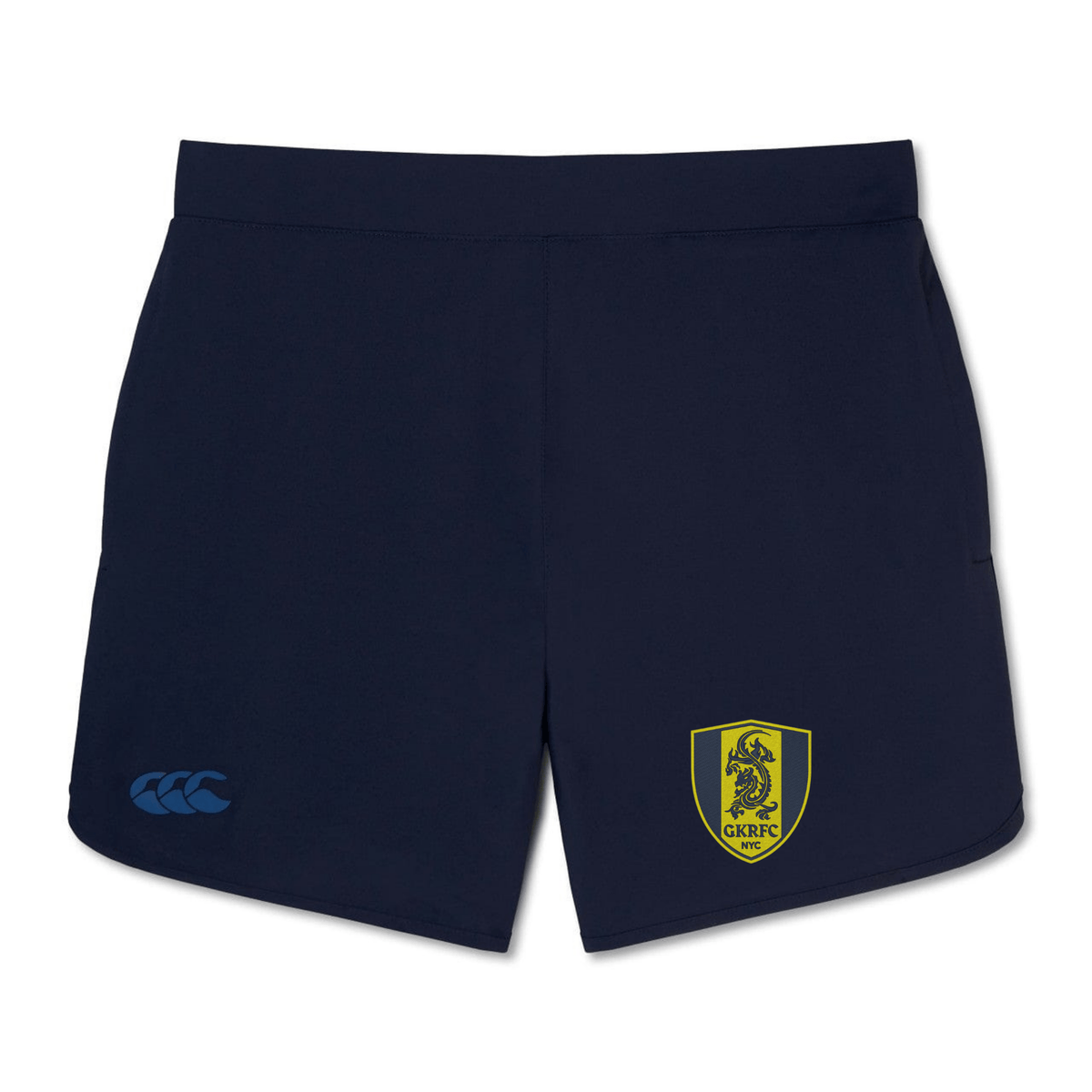 Introducing the Gotham Knights Elite Woven Short by Canterbury from EMB Canterbury: navy blue gym shorts showcasing a yellow and black emblem on the right leg and a blue logo on the left leg, engineered for lightweight comfort to elevate your training experience.