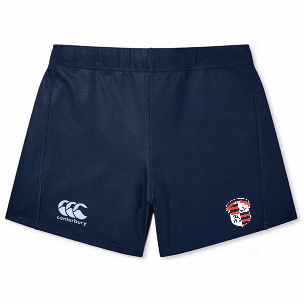 The Illinois Womens RFC Yokohama Shorts by EMB Canterbury are perfect for rugby players, featuring a classic navy blue with a white Canterbury logo on the left and a circular emblem in red and blue on the right, blending style and functionality seamlessly.