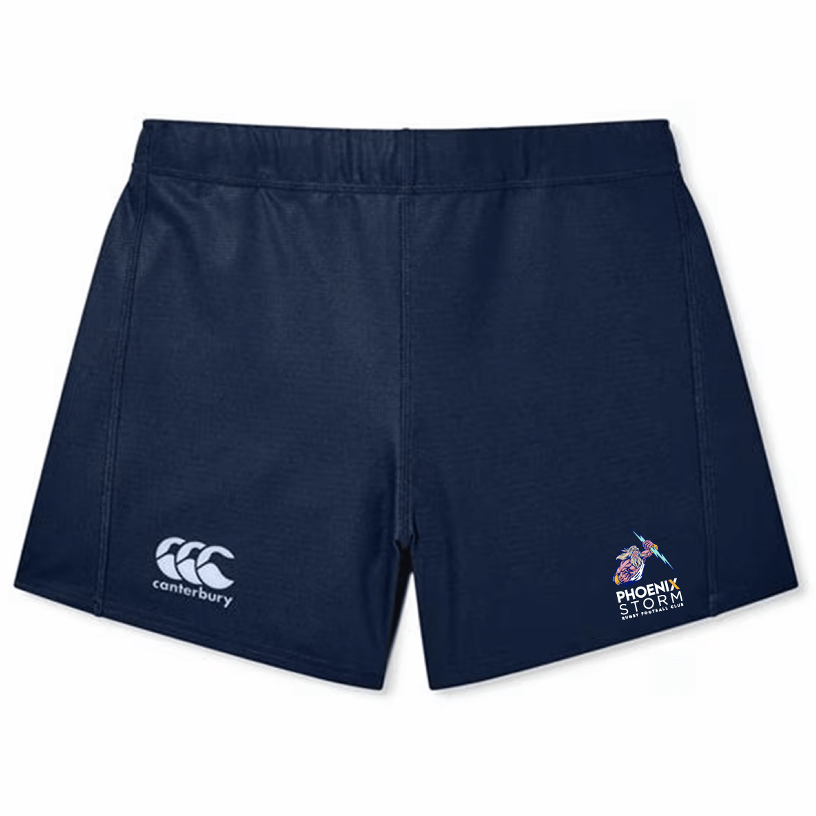 The Phoenix Storm RFC Women's Yokohama Shorts by EMB Canterbury are navy blue and display a Canterbury logo on the left along with a Phoenix Storm logo on the right. Made from lightweight, durable fabric, these shorts provide comfort and flexibility on the field.