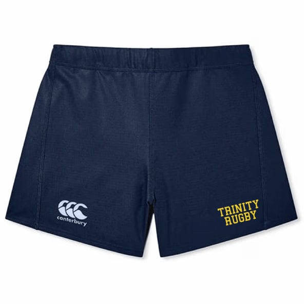 Product Name: Trinity College Women's Yokohama Short by Canterbury
Brand Name: EMB Canterbury
Description: Navy blue women's rugby shorts, featuring the Canterbury logo on the left leg and "Trinity Rugby" text in yellow on the right leg, crafted from lightweight durable fabric.