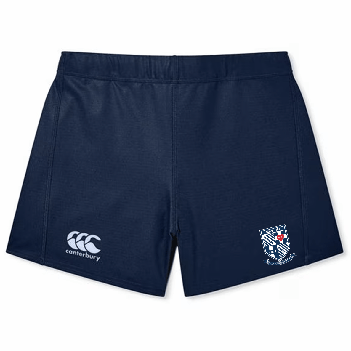 The University of Mary Washington Women's Yokohama Short by EMB Canterbury in navy blue showcases the Canterbury logo on the left and a shield emblem on the right. Crafted with Vapodri fabric, these shorts ensure you stay cool and comfortable during intense matches.