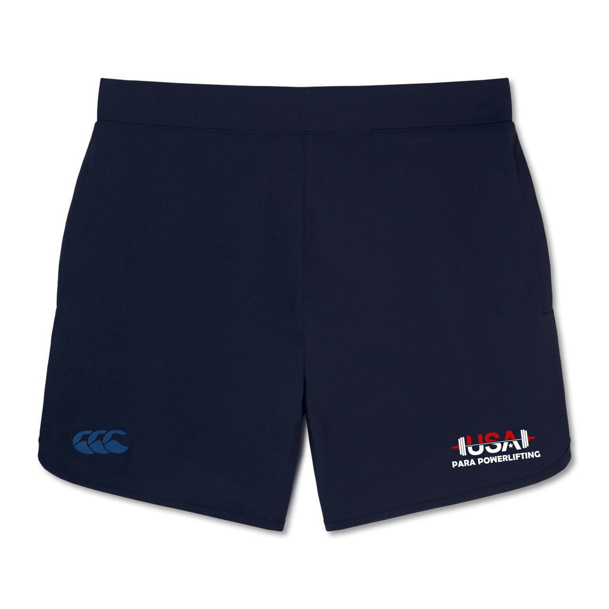 The USA Para Powerlifting Women's Elite Woven Short by EMB Canterbury features the Canterbury logo on the left leg and a "USA Para Powerlifting" logo on the right. These lightweight navy gym shorts are ideal for training sessions.