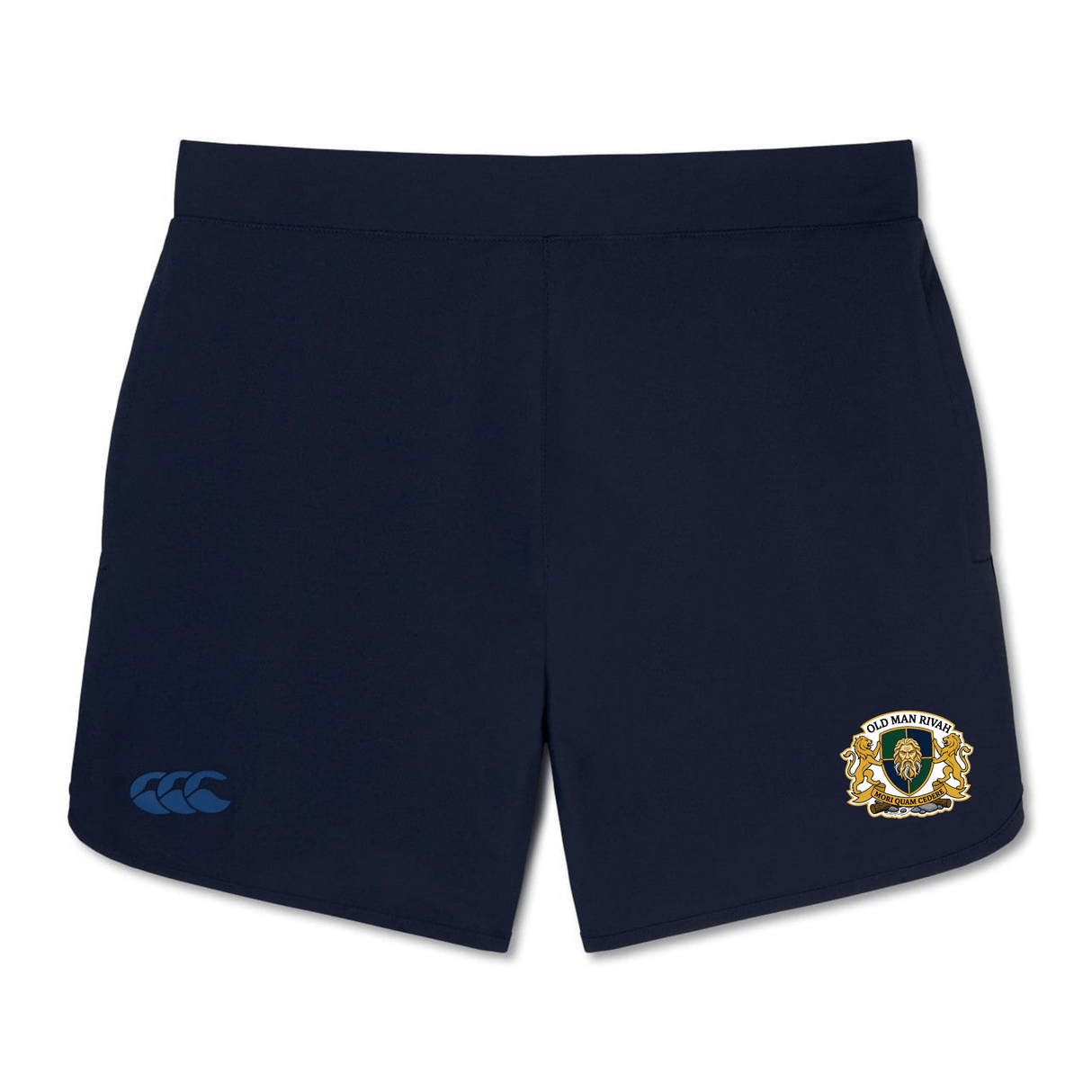 The Old Man Rivah Rugby Women's Elite Woven Short by EMB Canterbury features a navy blue design with a lion crest on the right leg, a blue Canterbury logo on the left leg, and zippered pockets for secure storage during training.
