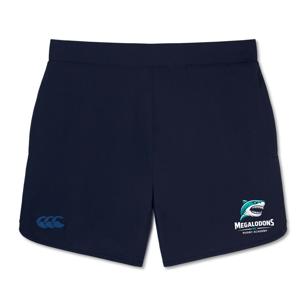 The NC Rugby Academy - Megalodons Women's Elite Woven Short by EMB Canterbury features the academy logo on the right leg and Canterbury branding on the left, making it ideal for intense rugby workouts.