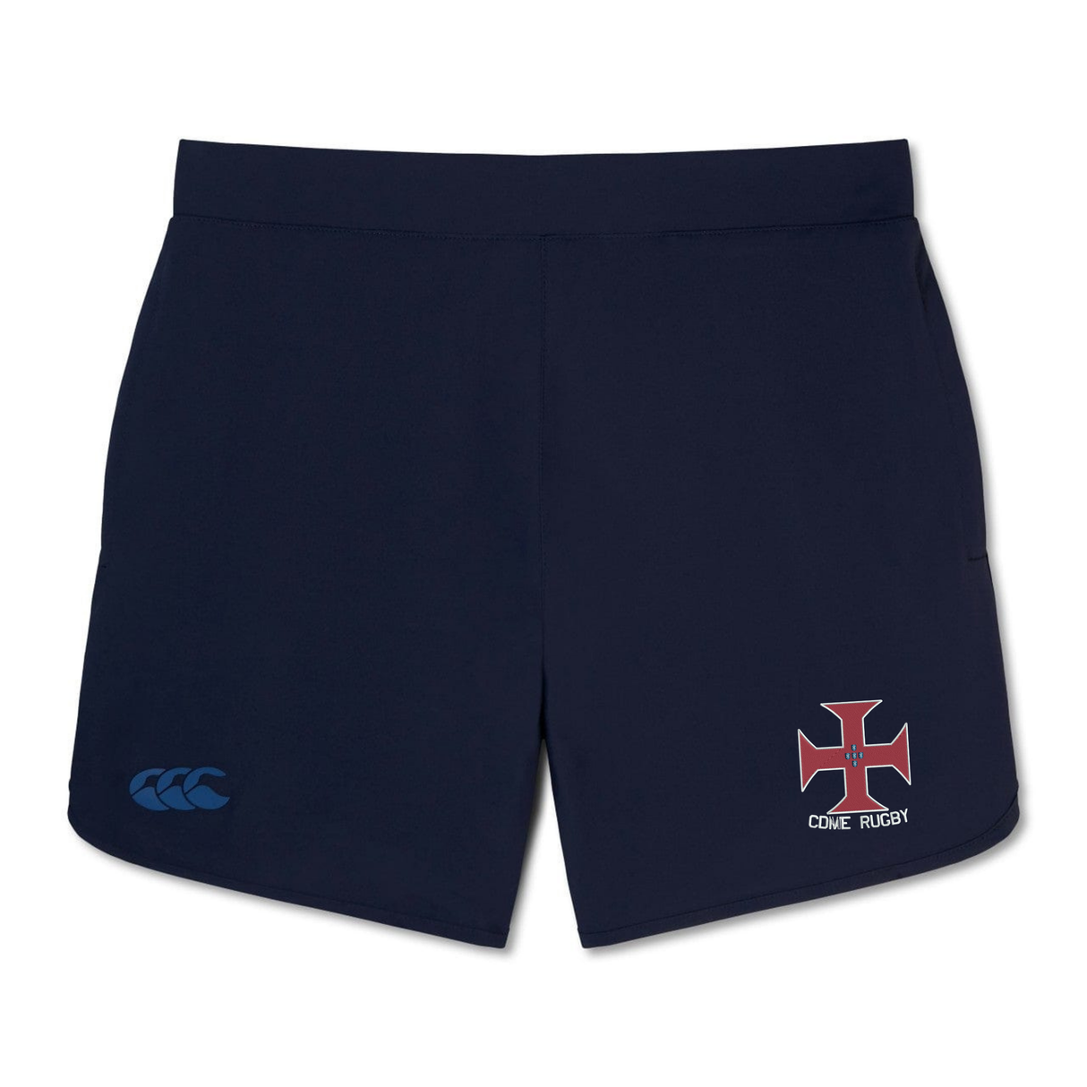 The SF CDME Rugby Women's Elite Woven Short by Canterbury features a navy blue design with a striking red and white cross emblem on the right leg, the classic blue Canterbury logo on the left leg, and practical zippered pockets—making these EMB Canterbury shorts the perfect choice for women seeking gym style and functionality.