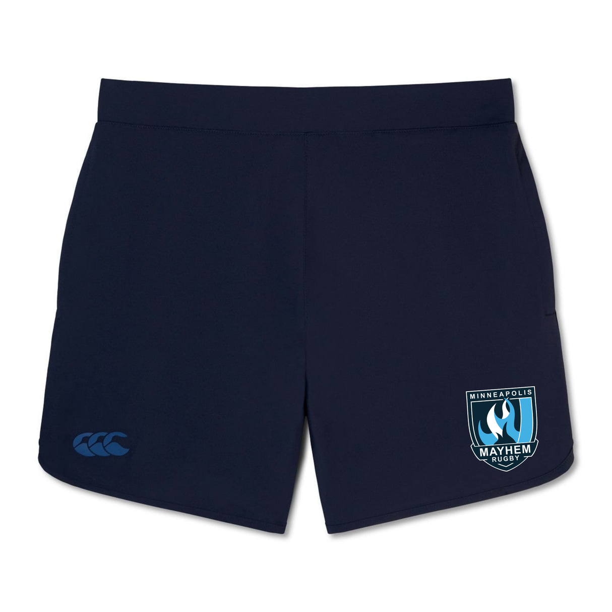 The Minneapolis Mayhem Rugby Women’s Elite Woven Short by Canterbury from EMB Canterbury showcases a navy blue design with a light blue “Minneapolis Mayhem Rugby” logo on the left leg and a small Canterbury logo on the right. Tailored for women, these athletic training shorts blend sporty style with performance for your active routine.