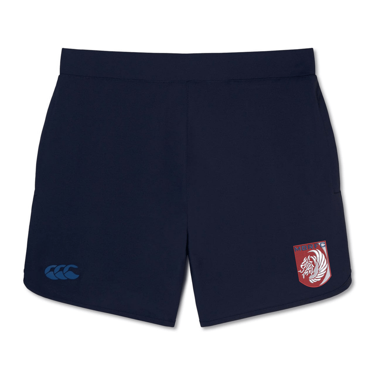 The Montgomery Bucks Griffins Women's Elite Woven Short by EMB Canterbury features a navy blue design, a blue Canterbury logo on the left leg, a red and white shield emblem on the right, and secure zippered pockets for storage.
