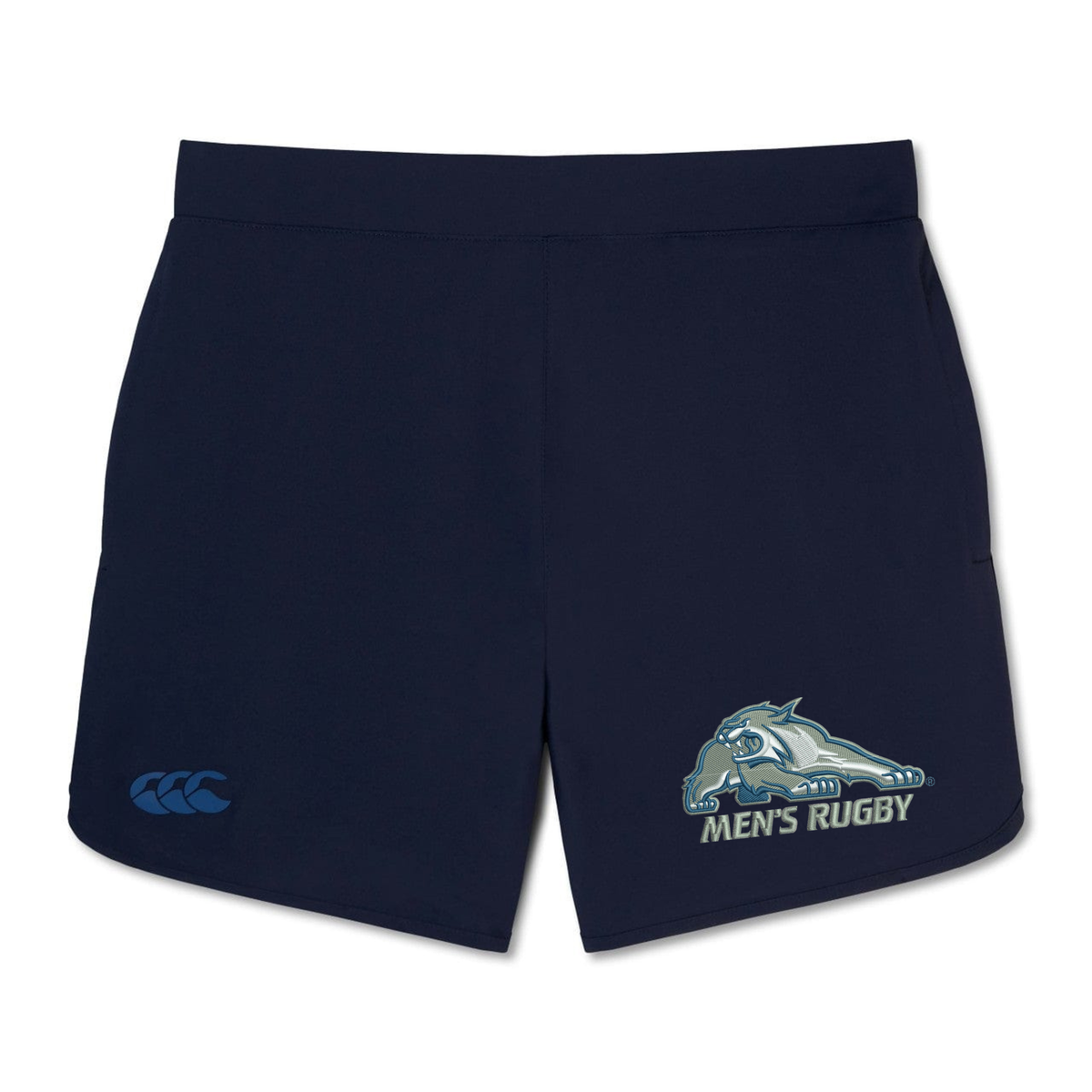 Navy Canterbury University of New Hampshire Women’s Elite Woven Shorts with a wildcat “MEN’S RUGBY” logo on the left leg, a brand logo on the right, and zippered pockets.