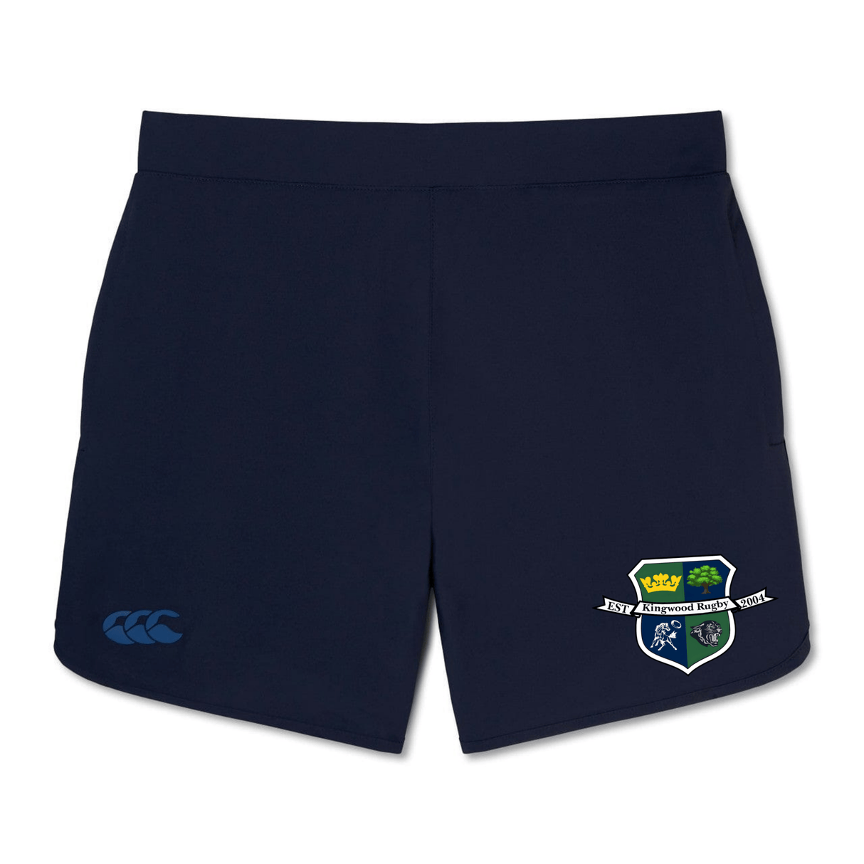 The Kingwood Rugby Women's Elite Woven Short by EMB Canterbury features a colorful embroidered crest and white banner on the right leg, zippered pockets, and a small blue logo on the left—perfect for active days.