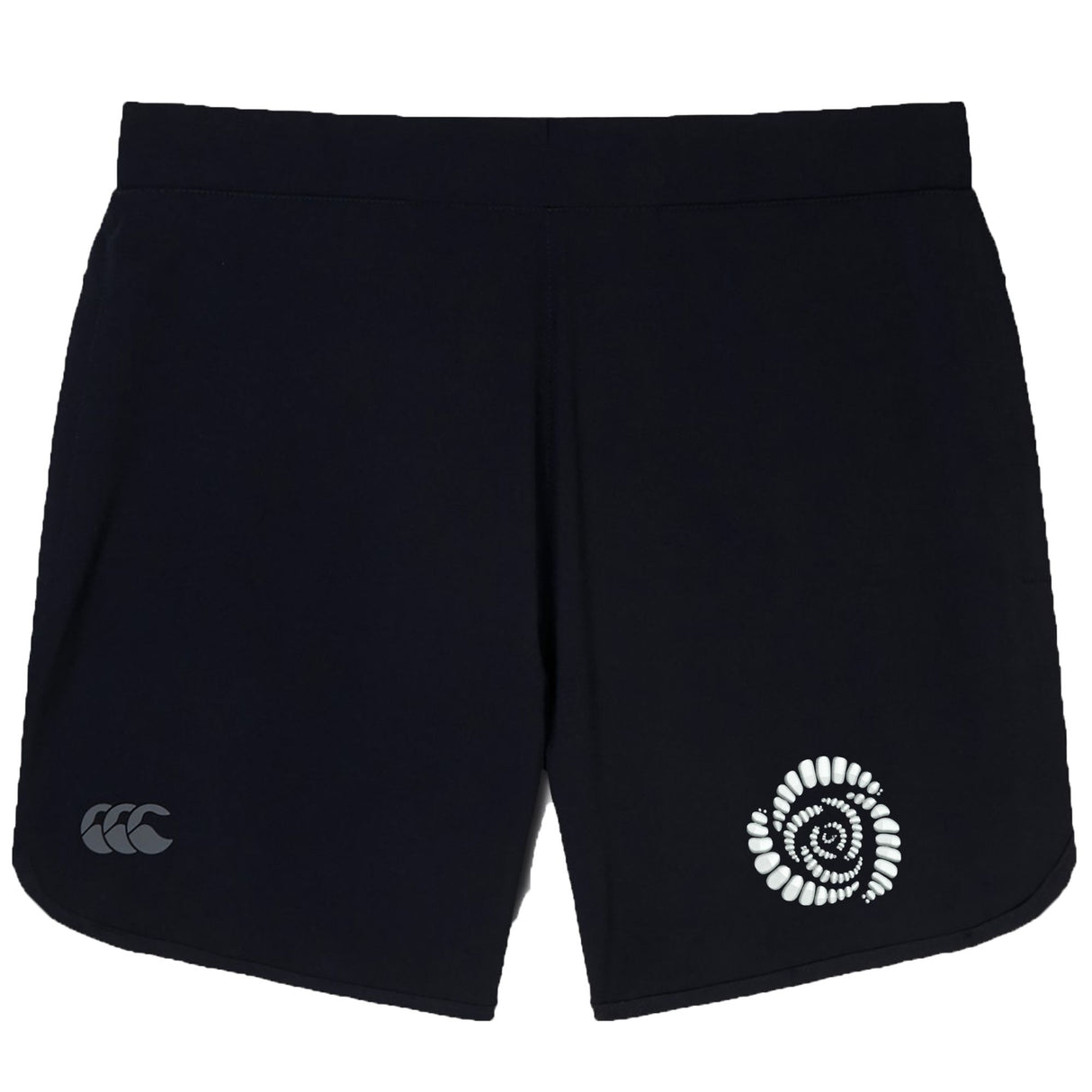 The Missoula All-Maggots Women's Elite Woven Short by EMB Canterbury features a black design with a striking white spiral pattern on one leg and a subtle white logo on the other. These women's athletic training shorts include convenient zippered pockets for secure storage, and are shown against a white background.