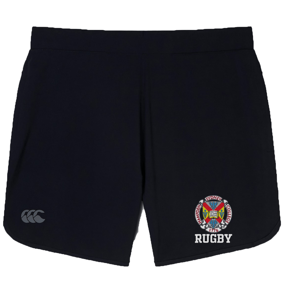 The Hampden Sydney College Women's Elite Woven Shorts by EMB Canterbury feature black rugby shorts with a colorful crest logo and the text "Rugby" printed on the lower right side. These shorts offer lightweight comfort, making them ideal for gym sessions while combining both style and functionality.
