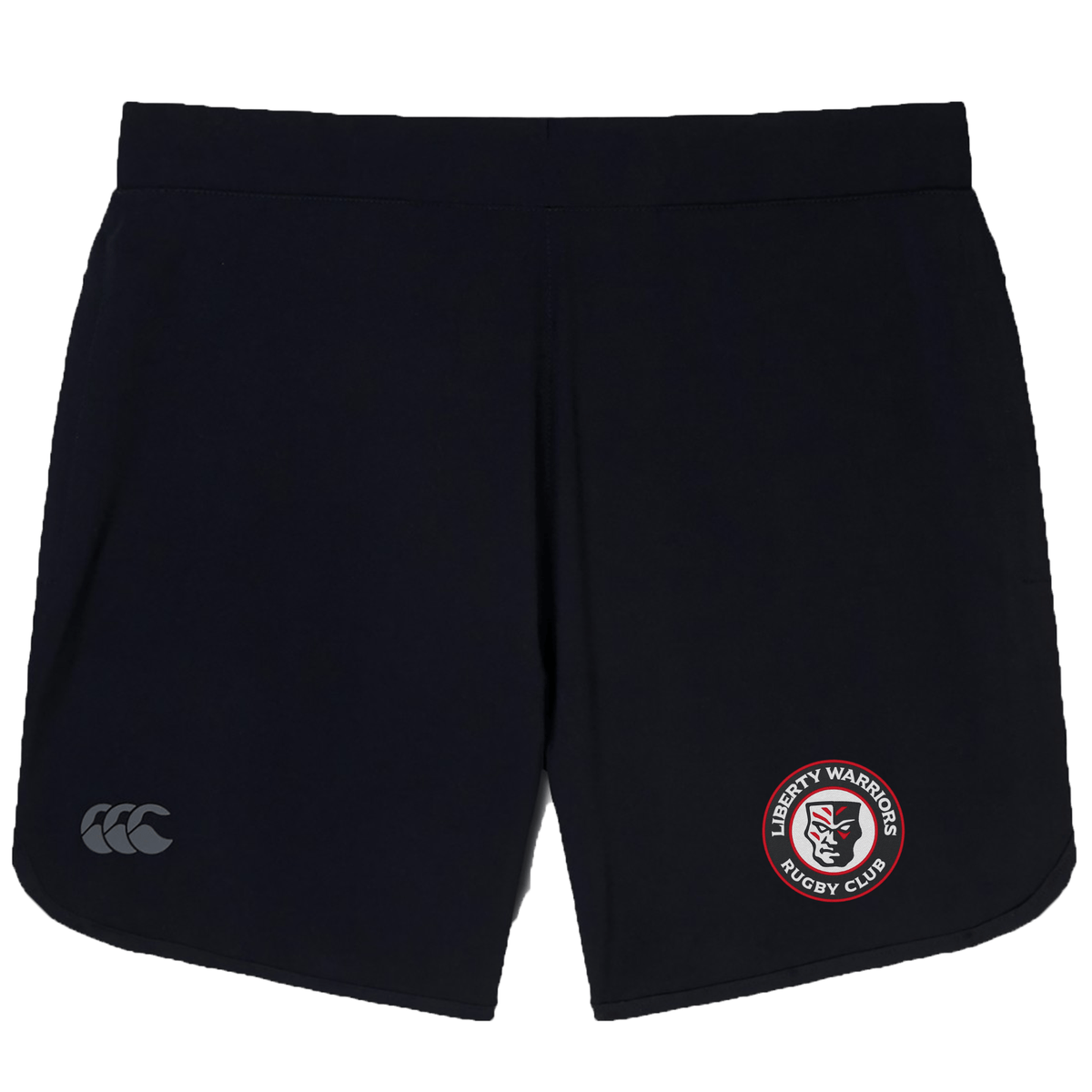 The Liberty Lake Warriors Elite Woven Short by EMB Canterbury features a "Liberty Warriors Rugby Club" logo on one leg and a subtle logo on the other, making them an ideal choice for elevating your training sessions.