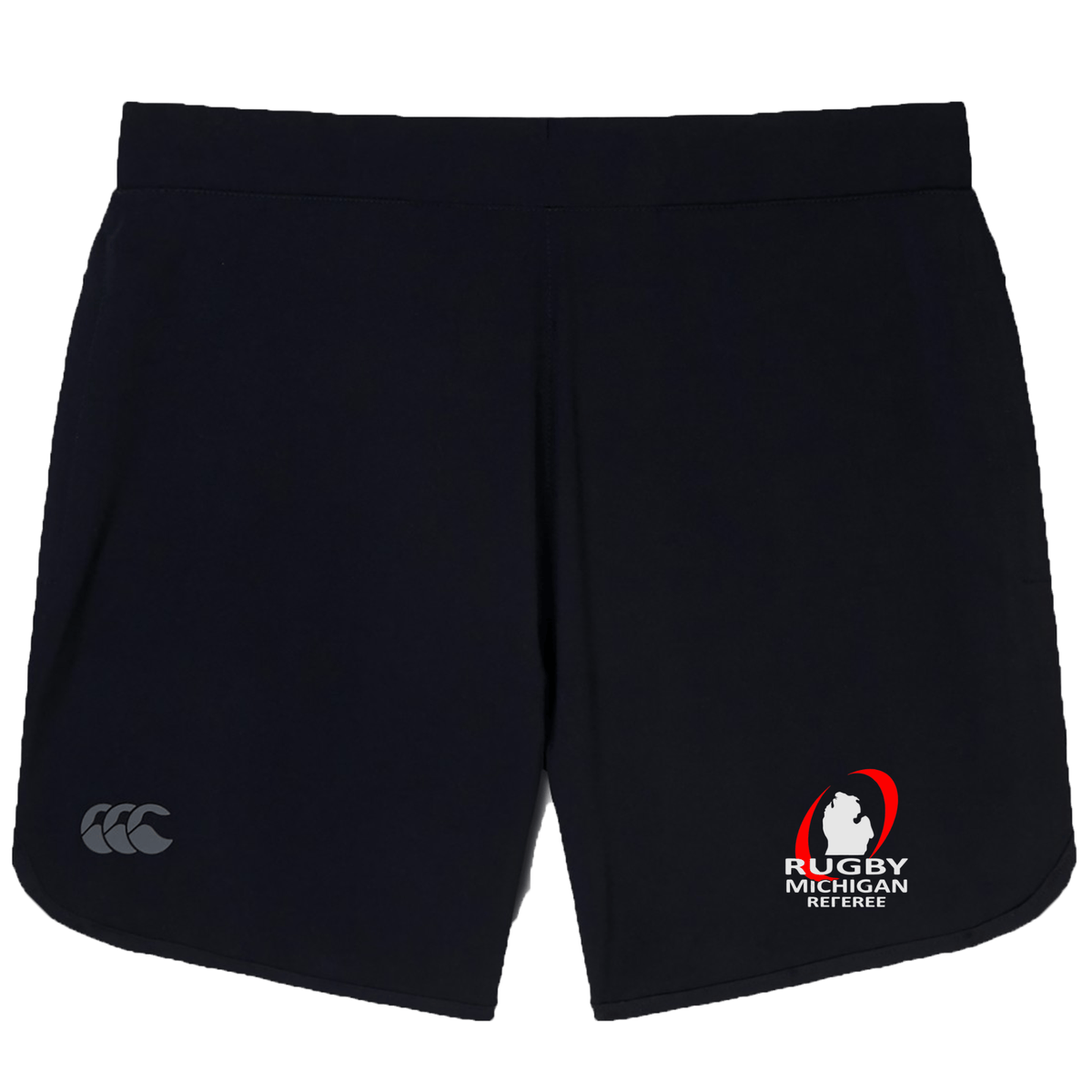 Rugby Michigan Referee Society Women's Elite Woven Short by Canterbury, featuring a CCC logo on the left and a Rugby Michigan Referee logo on the right, ideal for your training regimen.