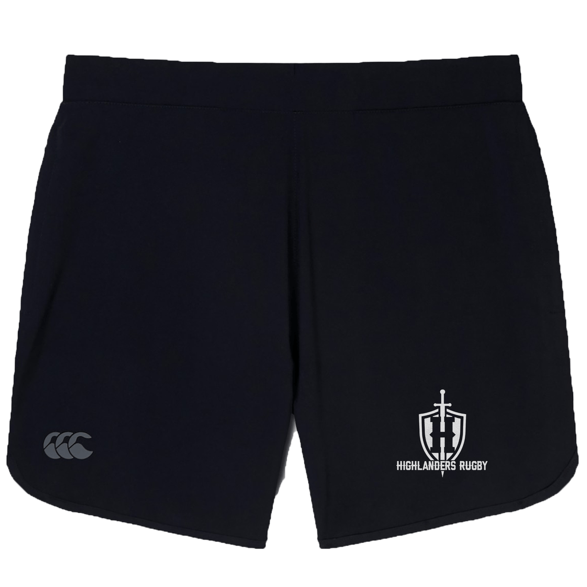 A pair of Highlanders Rugby NC Elite Woven Shorts by Canterbury in black, showcasing the Highlanders Rugby logo and the CCC logo on the front, ideal for elevating your training sessions.