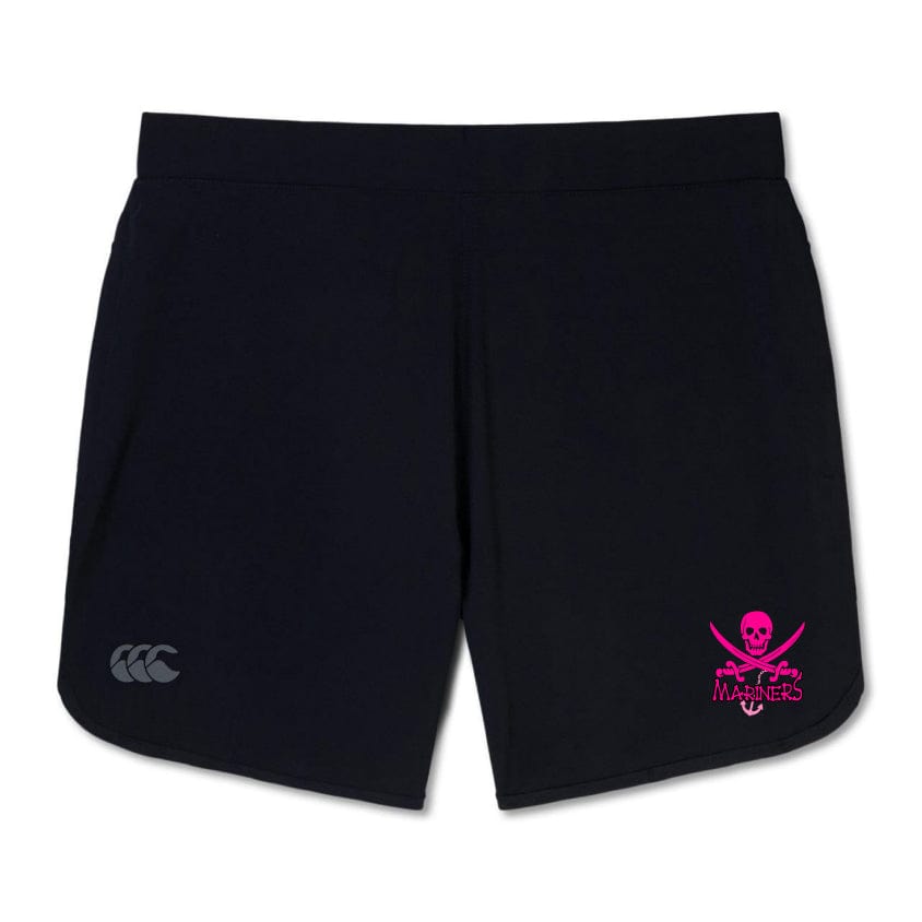 The SUNY Maritime Women's Elite Woven Short by Canterbury, a durable pair of black athletic shorts from EMB Canterbury, showcases a pink skull and crossbones logo on the lower left and a sleek white manufacturer's logo on the right, making it ideal for intense training sessions.