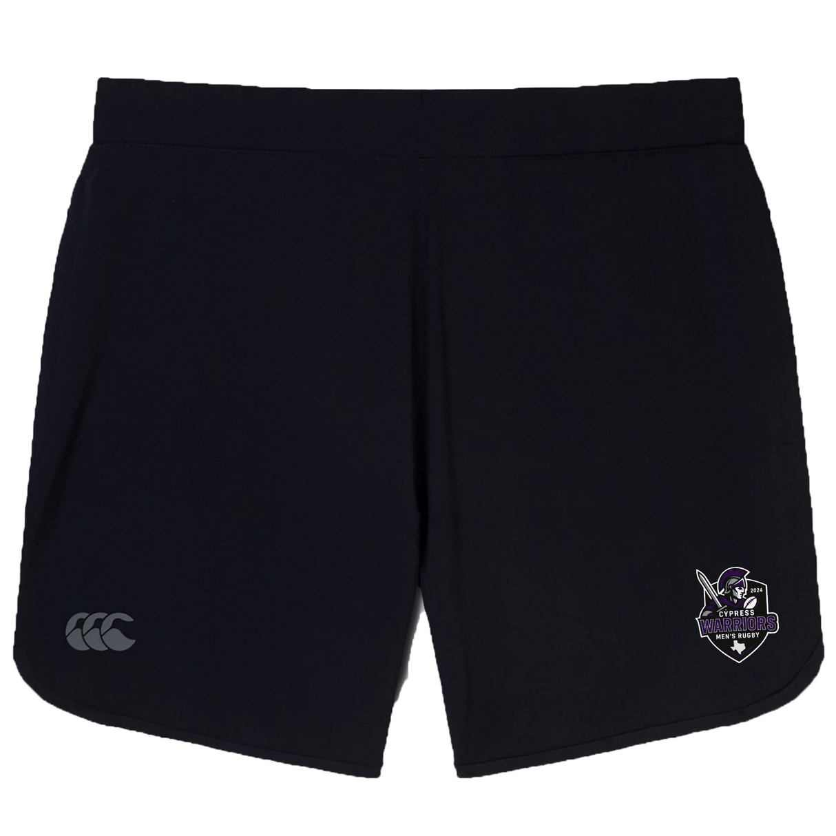 The EMB Canterbury Cypress Warriors Men's Rugby Women's Elite Woven Short features black fabric, a white CCC logo on the left leg, a multicolored team crest on the right, and zippered pockets for secure storage.