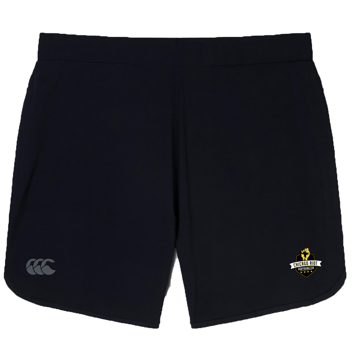 The Chicago Riot Women's Elite Woven Short by EMB Canterbury features a small white logo on the left leg, a yellow and white "Concord Rugby" crest on the right, and convenient zippered pockets for secure storage.