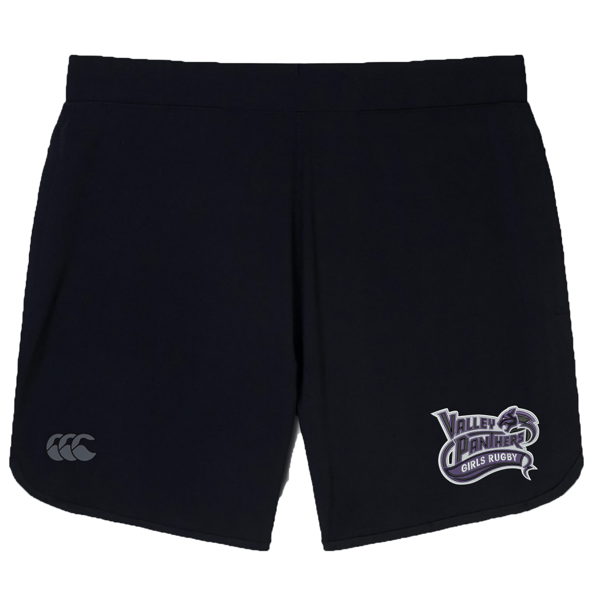 Introducing the Valley Panthers Girls Rugby Women’s Elite Woven Short by EMB Canterbury—premium gym shorts for women featuring the official “Valley Panthers Girls Rugby” logo on the right leg and a white Canterbury logo on the left. Designed for performance, these training shorts include convenient zippered pockets to securely store your essentials during workouts.