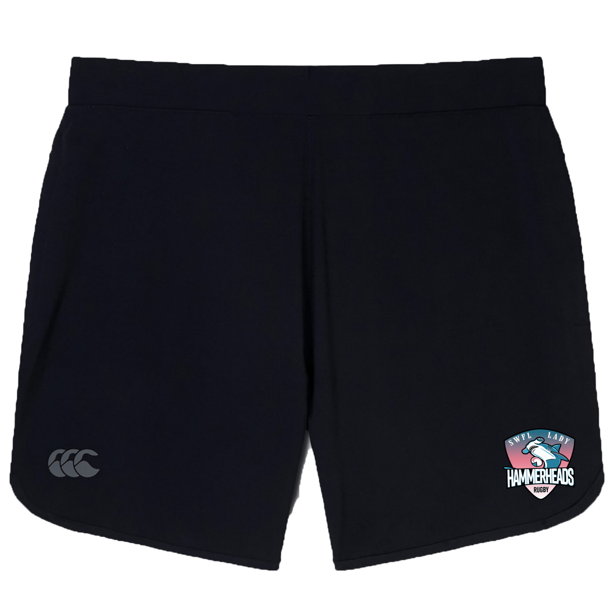 The SWFL Lady Hammerheads Women's Elite Woven Short by WRS Canterbury features a small "Canterbury" logo on the left leg and a "Southland Hammerheads" team logo on the right, perfect for training or workouts.