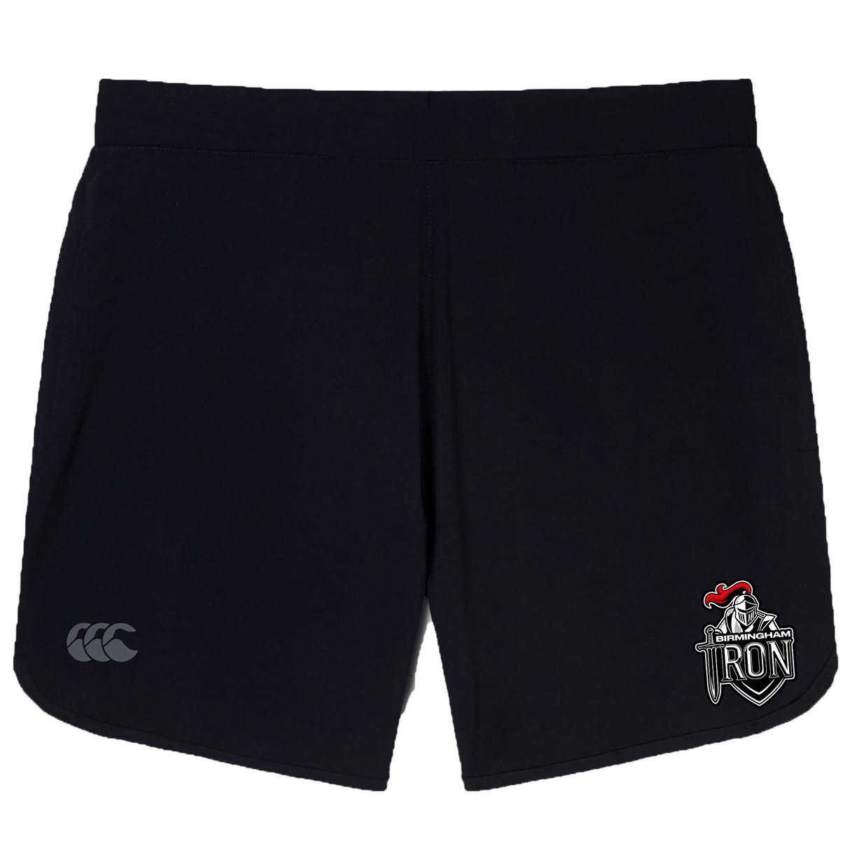 The Birmingham Iron Women's Football Elite Woven Short by EMB Canterbury features zippered pockets, a small white logo on the left leg, and a large "RDN" event logo on the right.