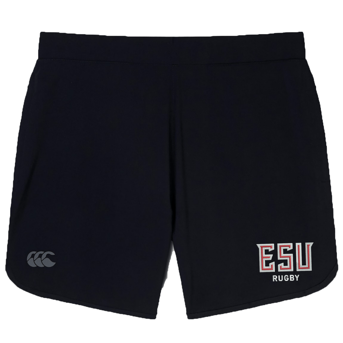 The EMB Canterbury East Stroudsburg University Women's Elite Woven Short features the Canterbury logo on the left leg, "ESU RUGBY" in red and white on the right, and zippered pockets—ideal as women's gym or training shorts.