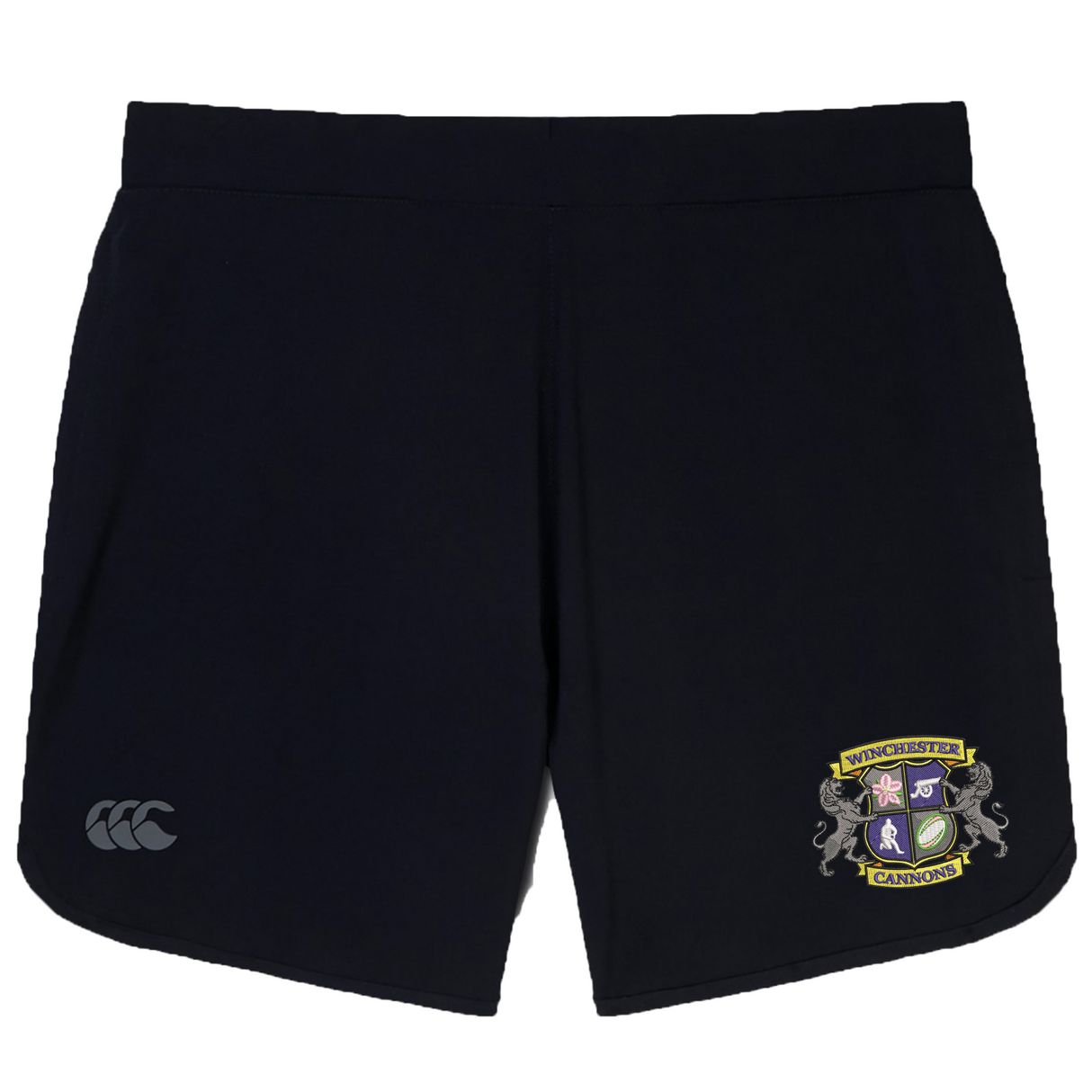 The Winchester Cannons Women's Elite Woven Short by EMB Canterbury features the team crest on the right leg and CCC logo on the left, offering style and comfort—perfect women's gym shorts.