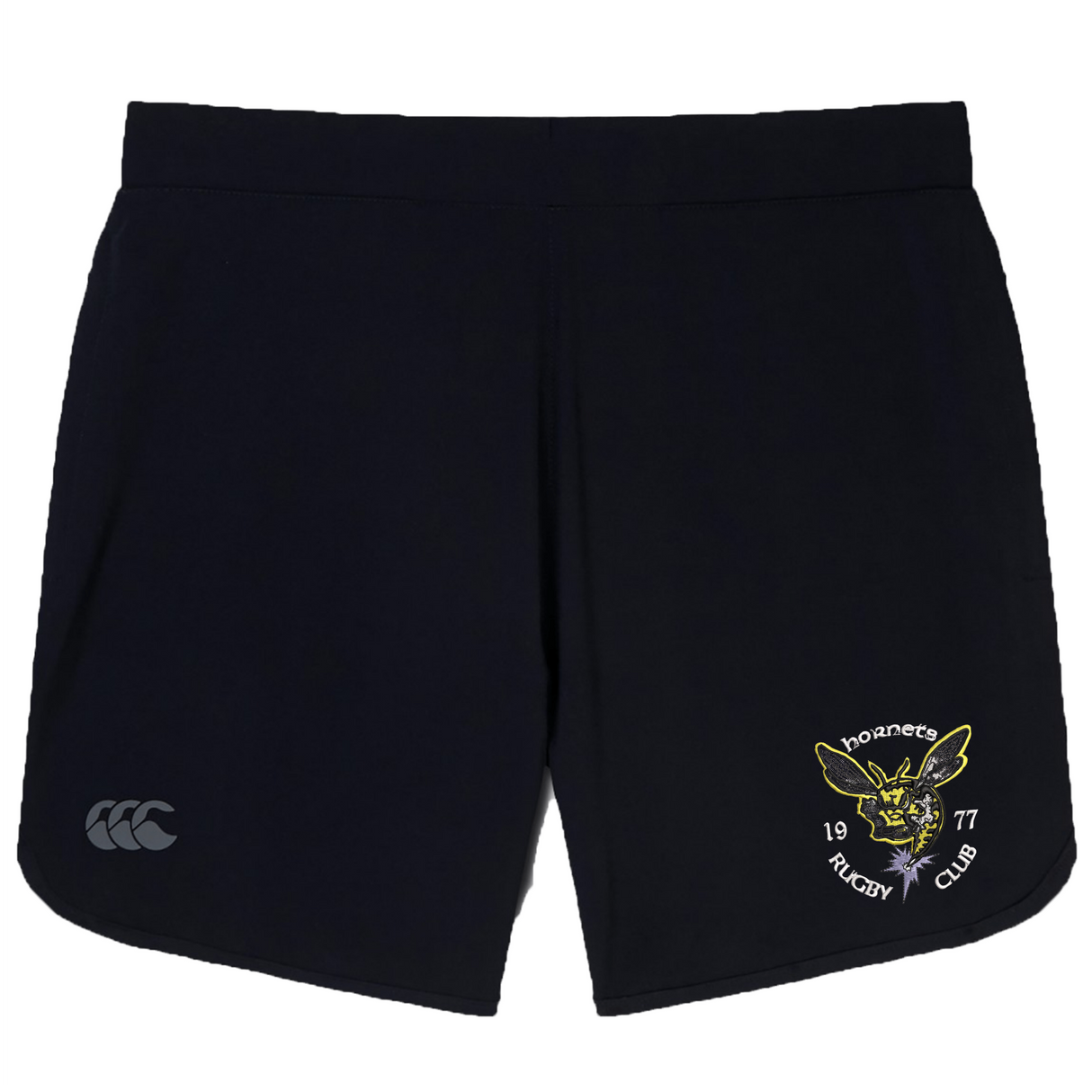 The Hornets Rugby Club 1977 Women's Elite Woven Short by Canterbury features a black, lightweight design with the iconic hornet logo and "Hornets Rugby Club 1977" on one leg and a subtle CCC logo on the other. Manufactured by EMB Canterbury, these women’s gym shorts are crafted for optimal comfort and performance—perfect for any workout.