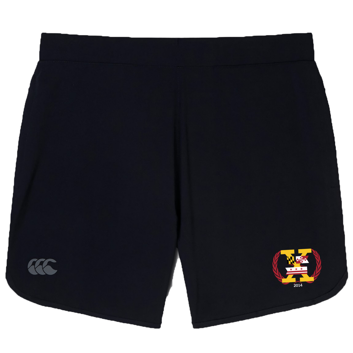 The Potomac Exiles Rugby Club Women's Elite Woven Short by Canterbury is a black athletic training short featuring a small EMB Canterbury CCC logo on the left leg and a yellow and red crest with "2014" on the right leg. Designed as a versatile women’s gym short, they also include zippered pockets for secure storage during workouts.