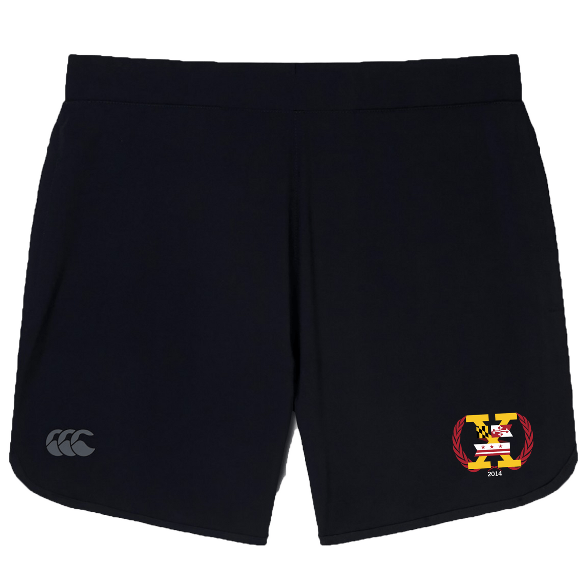 The Potomac Exiles Rugby Club Women's Elite Woven Short by Canterbury is a black athletic training short featuring a small EMB Canterbury CCC logo on the left leg and a yellow and red crest with "2014" on the right leg. Designed as a versatile women’s gym short, they also include zippered pockets for secure storage during workouts.