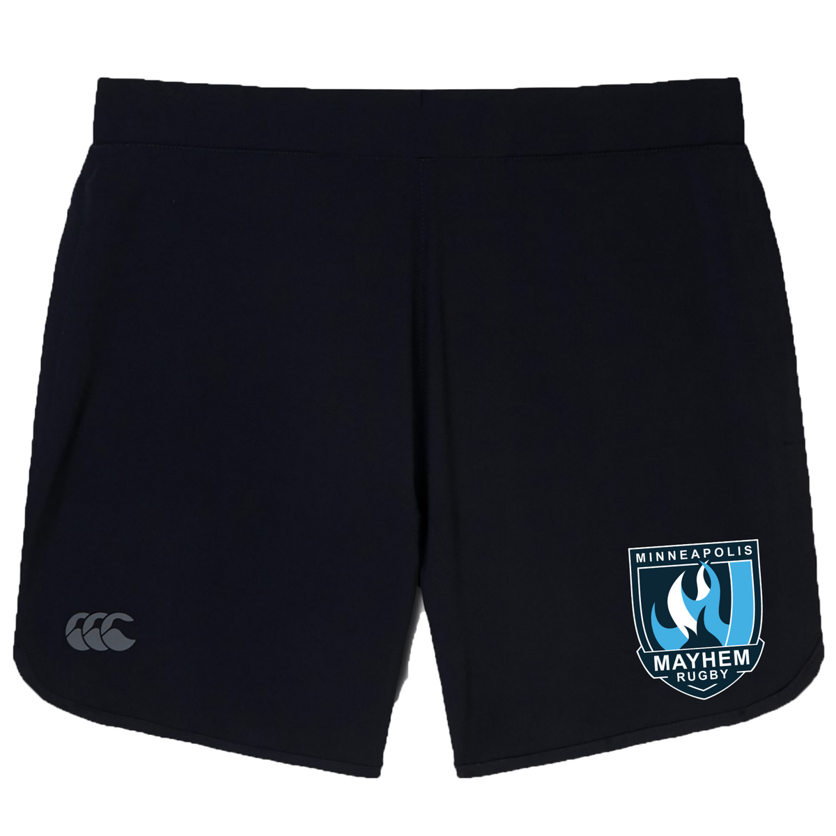 The Minneapolis Mayhem Rugby Women’s Elite Woven Short by Canterbury, from EMB Canterbury, features a black design with a white and blue Minneapolis Mayhem Rugby logo on the right leg and a small CCC logo on the left leg—perfect for both practice sessions and game days.