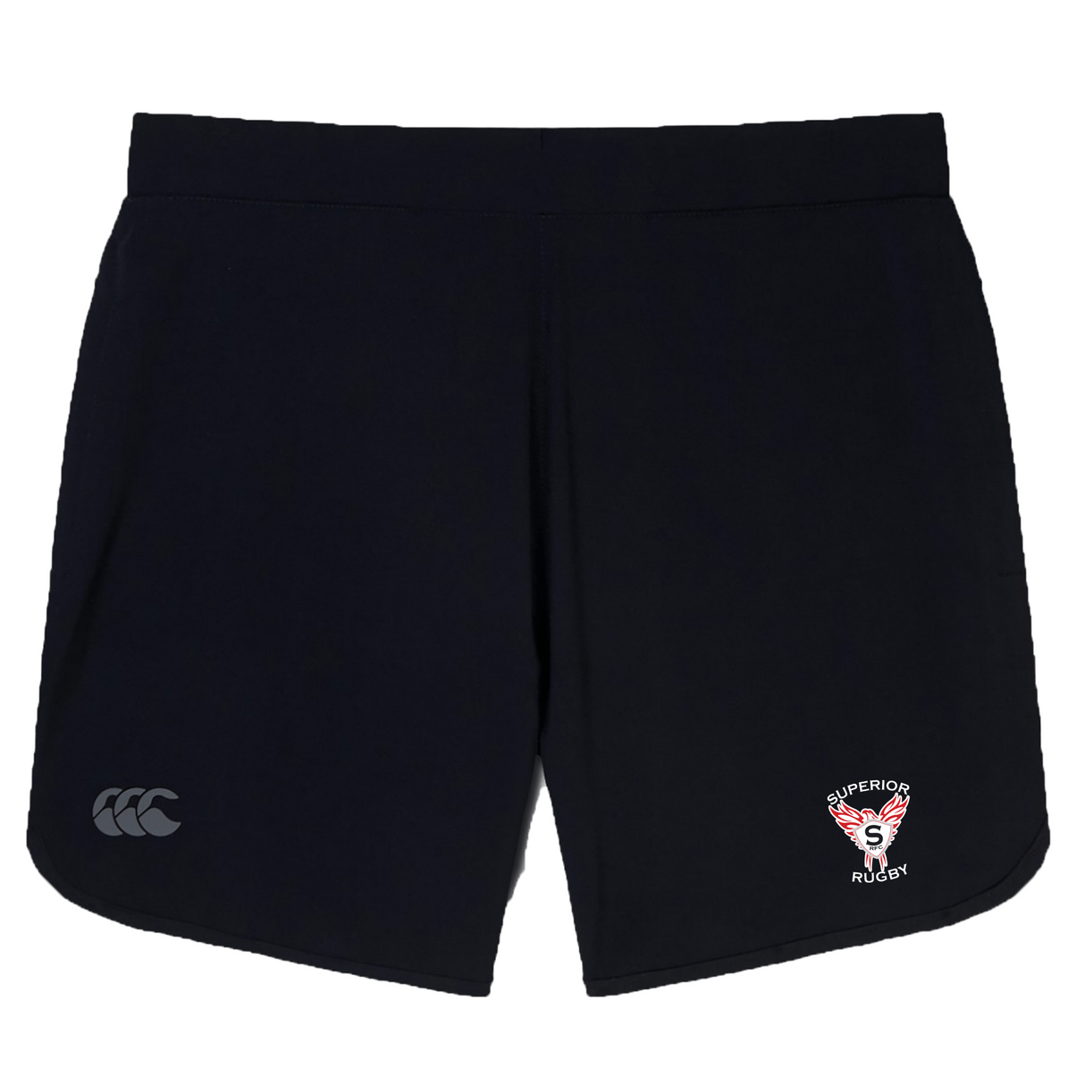 The Superior Rugby Club Women's Elite Woven Short by EMB Canterbury features the logo on the left leg and a "Superior Rugby" emblem on the right, making it perfect for your gym sessions.