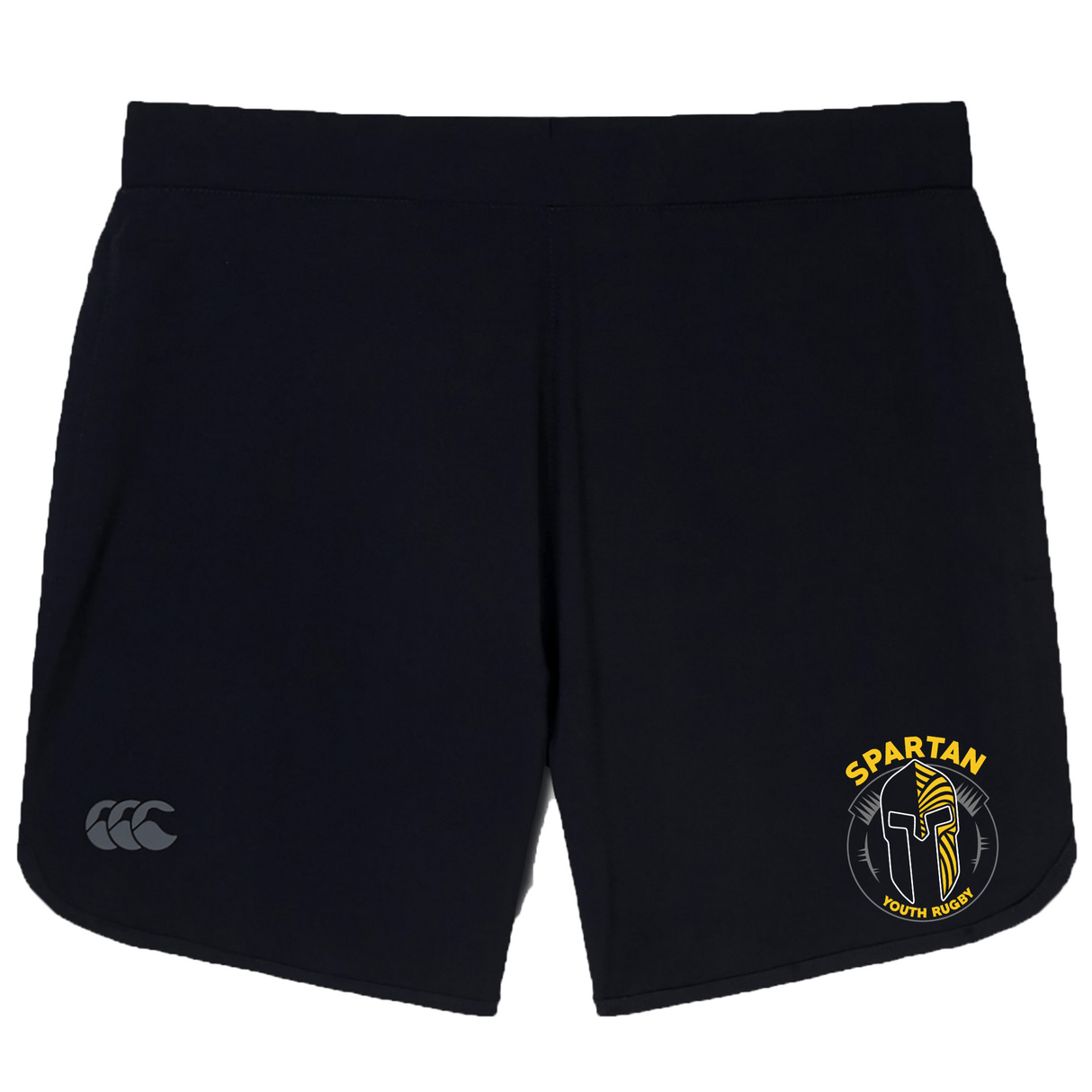 The EMB Canterbury Spartan Youth Rugby Women's Elite Woven Short features black athletic fabric, a yellow and black "Spartan Youth Rugby" logo on the right leg, white CCC logo on the left, and zippered pockets for secure storage.