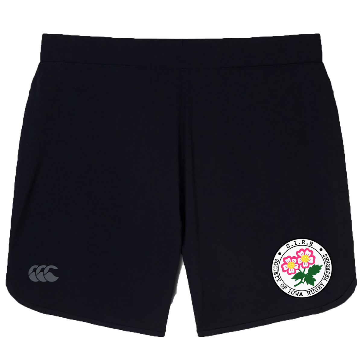 The Society of Iowa Rugby Referees Women’s Elite Woven Short by Canterbury, from EMB Canterbury, features black athletic fabric with a white patch displaying a pink flower logo and the text “Society of Iowa Rugby Referees” on the lower right leg. Zippered pockets and the signature “CCC” logo on the left combine both style and functionality for women’s gym wear.