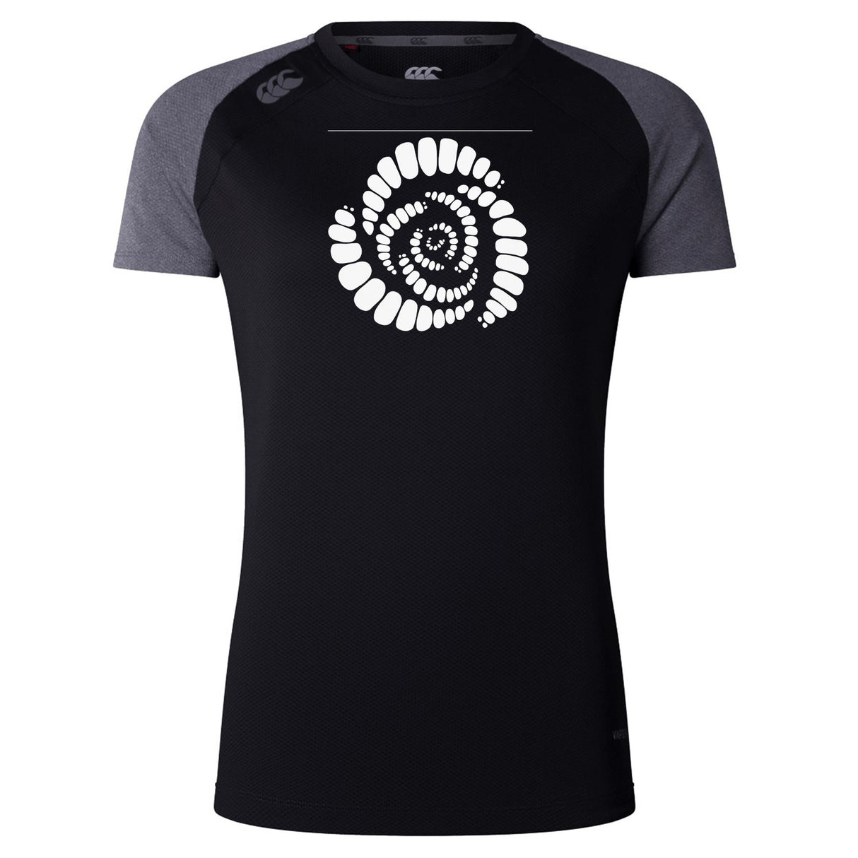 The Missoula All-Maggots Women's Elite Training Tee by WRS Canterbury is a short-sleeved, black and gray elite training shirt for women, featuring a distinctive white spiral pattern on the chest and a small logo on the right shoulder. Crafted with lightweight, moisture-wicking fabric, this tee is designed to keep you cool and comfortable throughout intense workouts.