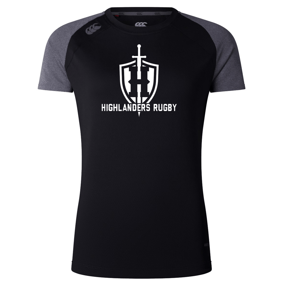 Highlanders Rugby NC Women's Elite Training Tee by WRS Canterbury features black and grey short sleeves with "Highlanders Rugby" and a sword and shield logo printed on the front, crafted from lightweight fabric.