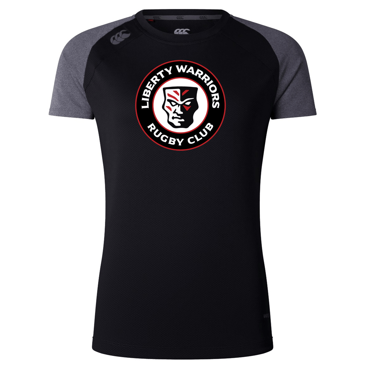 Introducing the Liberty Lake Warriors Women's Elite Training Tee by Canterbury, brought to you by WRS Canterbury. This rugby shirt in black and gray proudly displays the Liberty Warriors Rugby Club logo with a stylized face design on the chest, crafted from Vapodri lightweight fabric for optimal training performance.