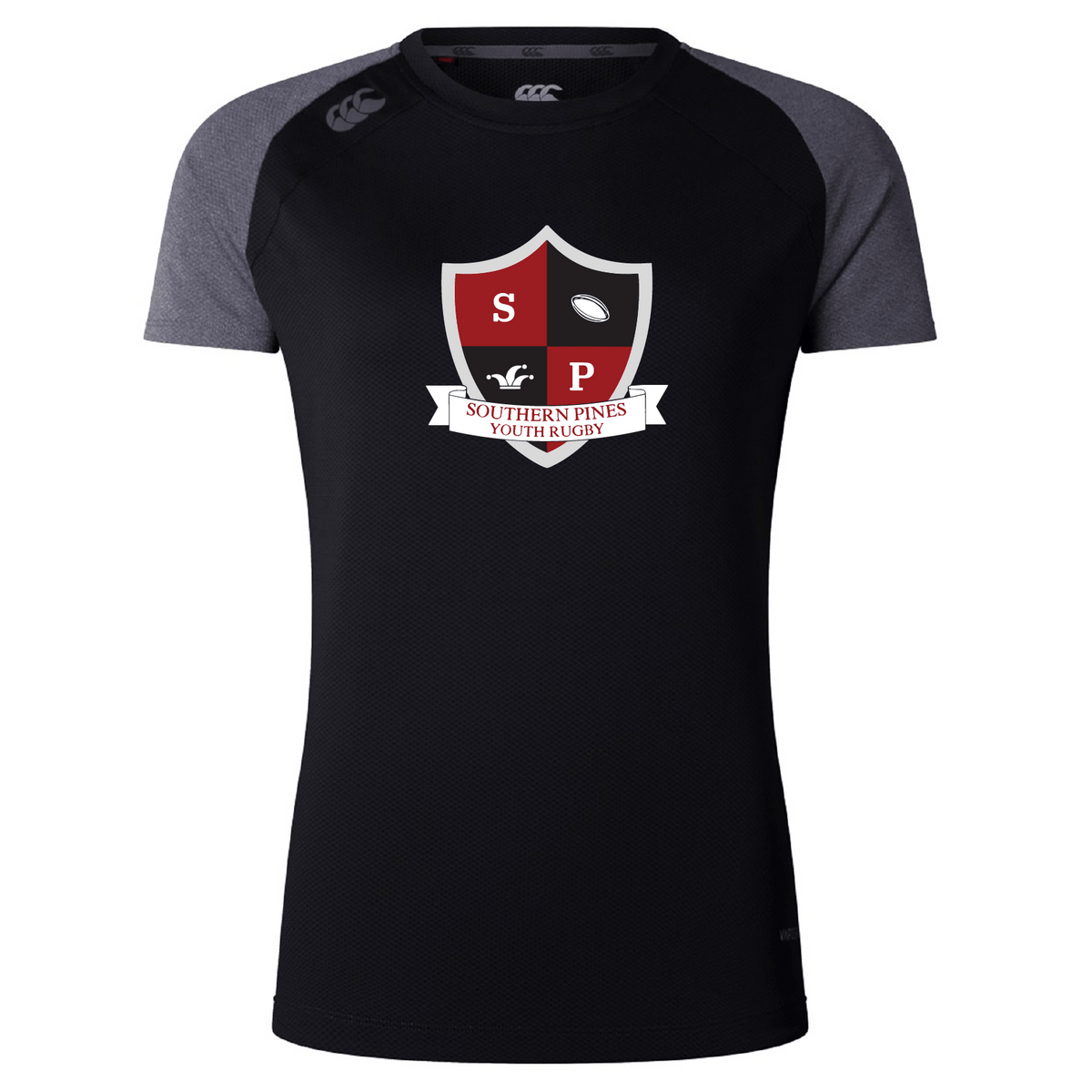 The WRS Canterbury Southern Pines Youth Rugby Women's Elite Training Tee is a black rugby shirt with gray sleeves, crafted from lightweight fabric. It features a central shield logo, "SP" inscription, and "Southern Pines Youth Rugby" text, along with a rugby ball and stag design.
