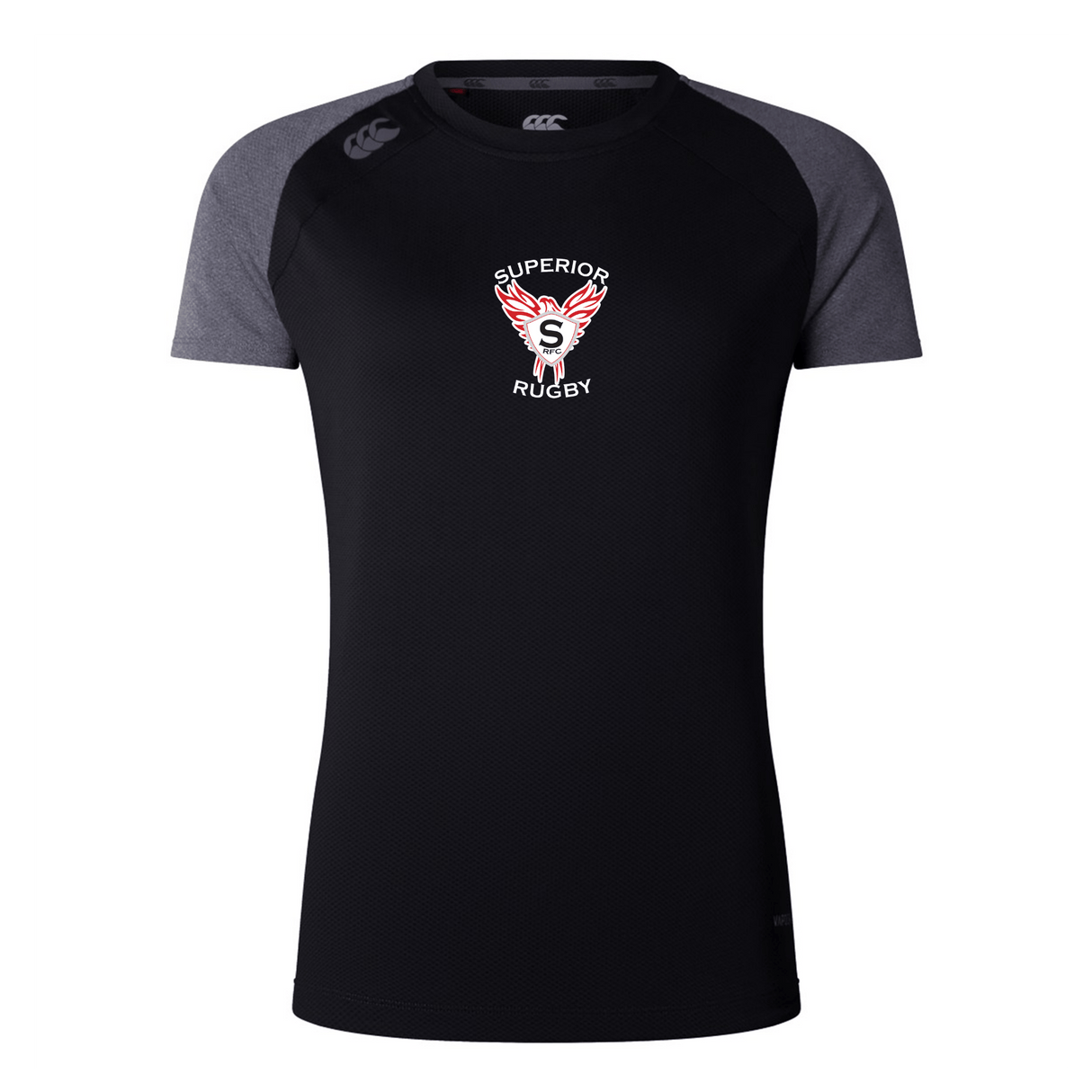 The WRS Canterbury Superior Rugby Club Women's Elite Training Tee is a black and dark gray short-sleeve workout top with a “Superior Rugby” logo and winged S emblem, designed for breathability and ultimate comfort.