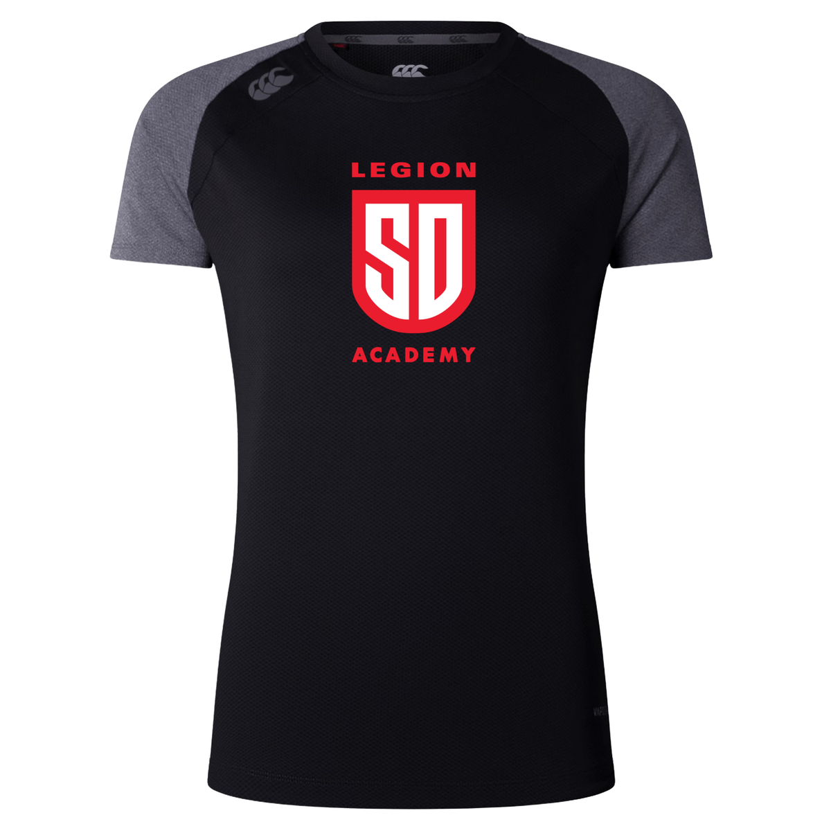 Legion Academy Women’s Elite Training Tee by Canterbury in black and grey, featuring “LEGION SD ACADEMY” printed in red on the chest.