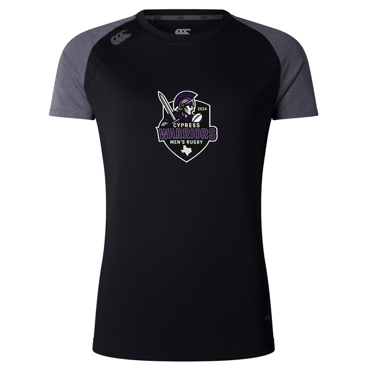 The WRS Canterbury Cypress Warriors Men's Rugby Women's Elite Training Tee is a black and gray, moisture-wicking shirt with a 2024 warrior helmet and spear logo—ideal for intense practice sessions.